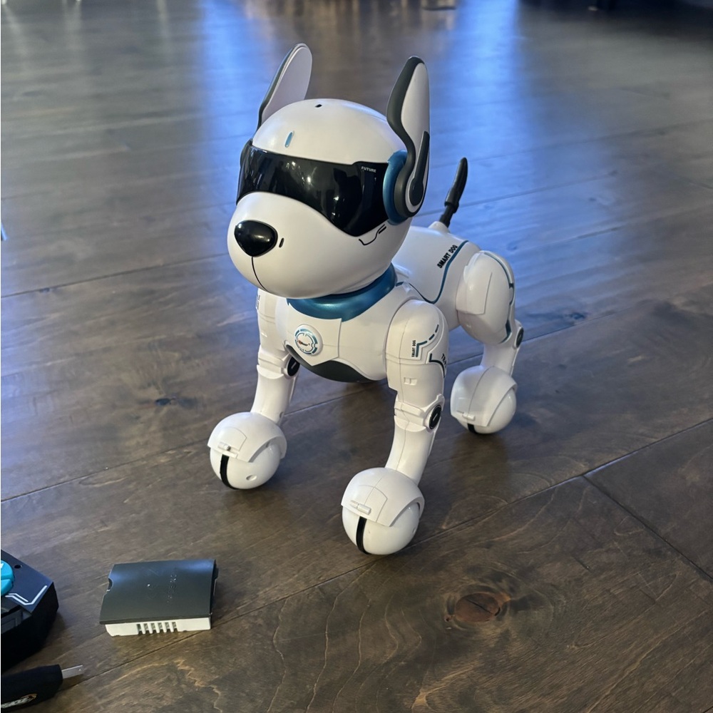 Interactive White and Black Robotic Dog Toy